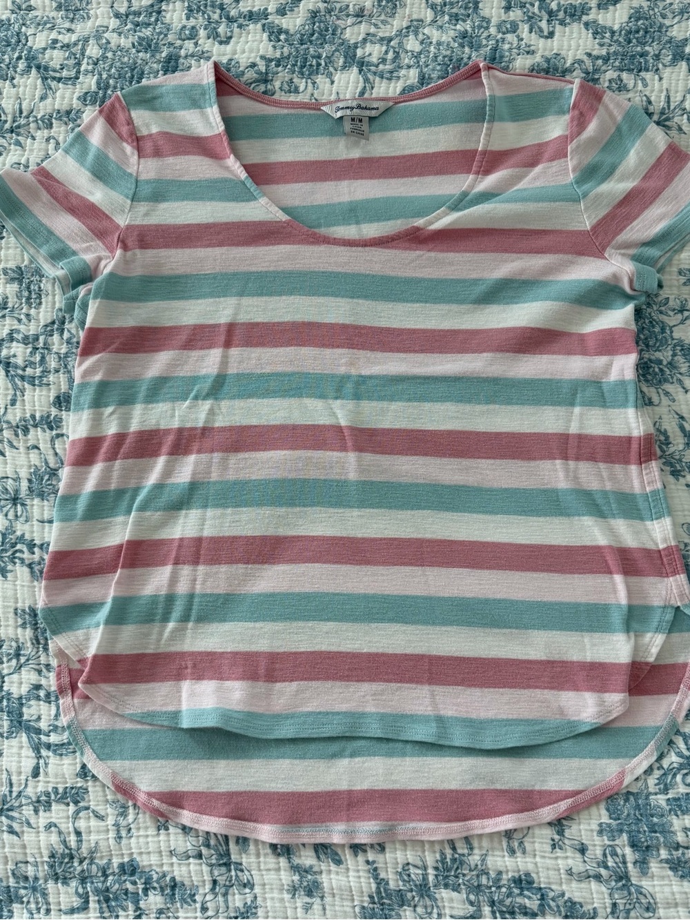 Tommy Bahama Striped Scoop Neck Tee in Pink and Aqua